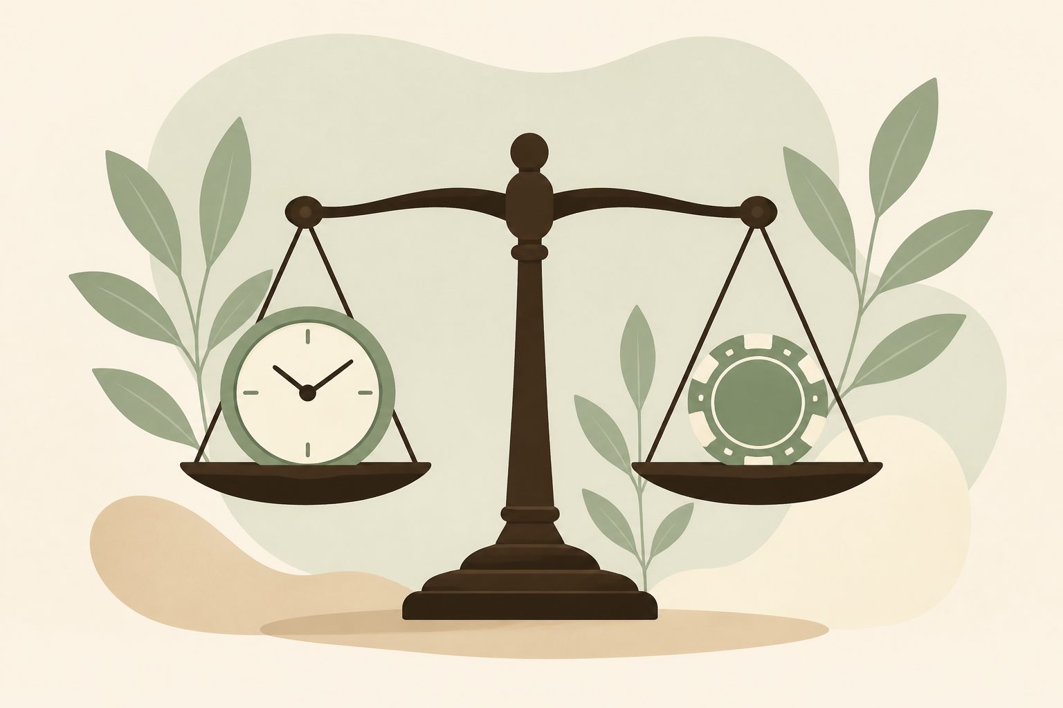 Illustration of a level balance scale with a clock on one dish and a casino chip on the other, surrounded by sage leaves