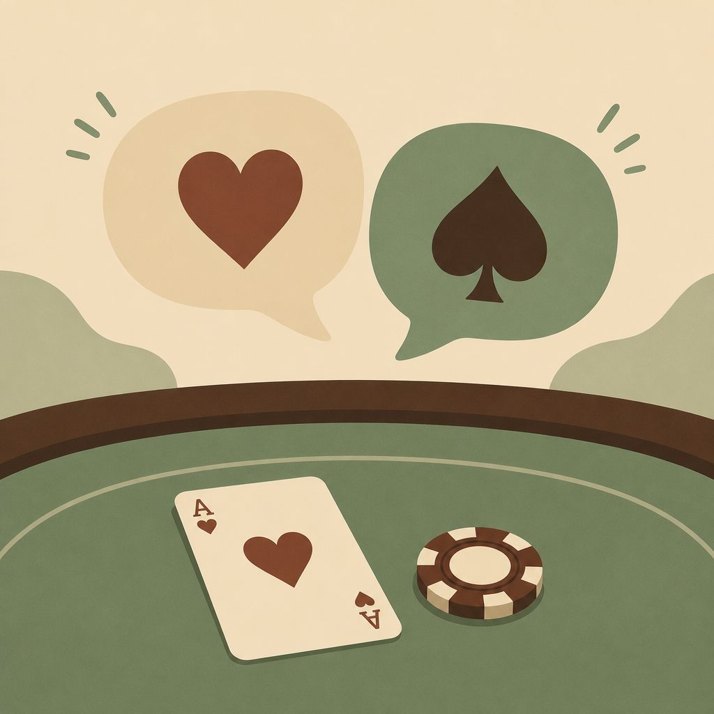 Illustration of two speech bubbles with card suit symbols floating above a card table