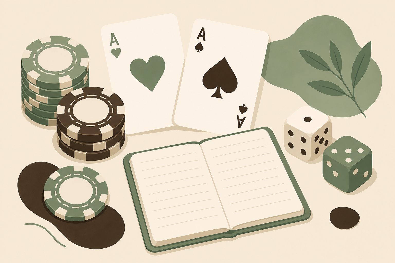 Illustration of casino chips, playing cards, dice and an open ledger notebook arranged on a sand-coloured surface