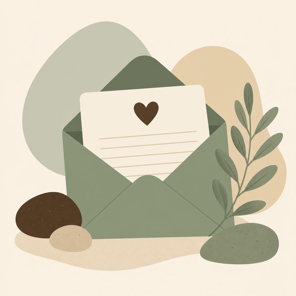 Illustration of an open sage-green envelope with a letter inside, surrounded by soft pebble shapes and a small plant sprig