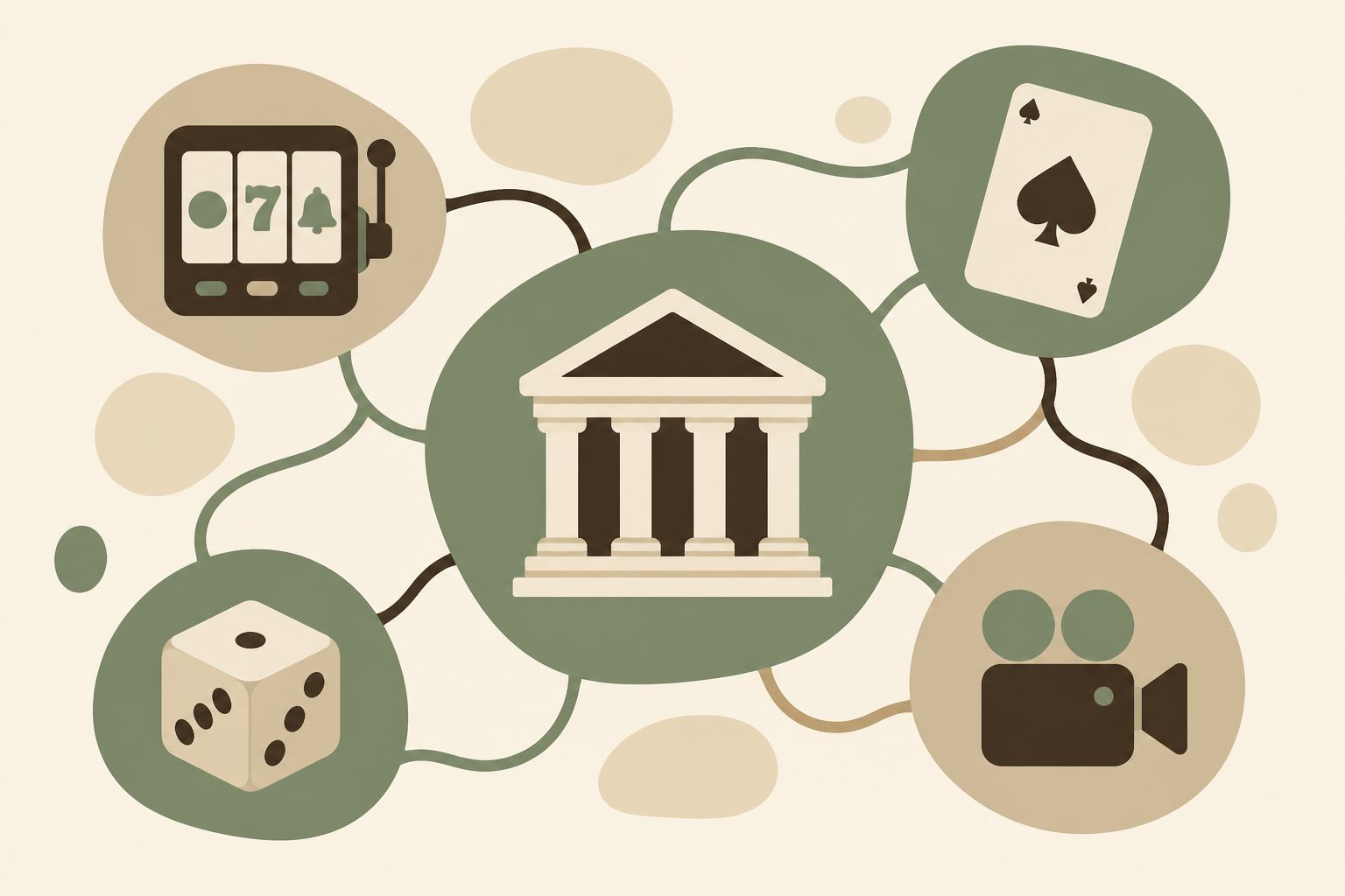 Illustration of an organic network diagram: a central building with columns connected to nodes containing a slot reel, a playing card, a die and a video camera