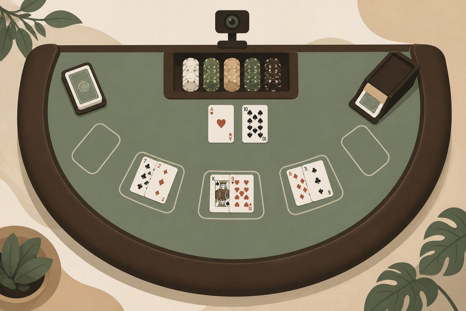 Stylised overhead illustration of a semicircular live-dealer table with playing cards, chips and a camera above the table edge