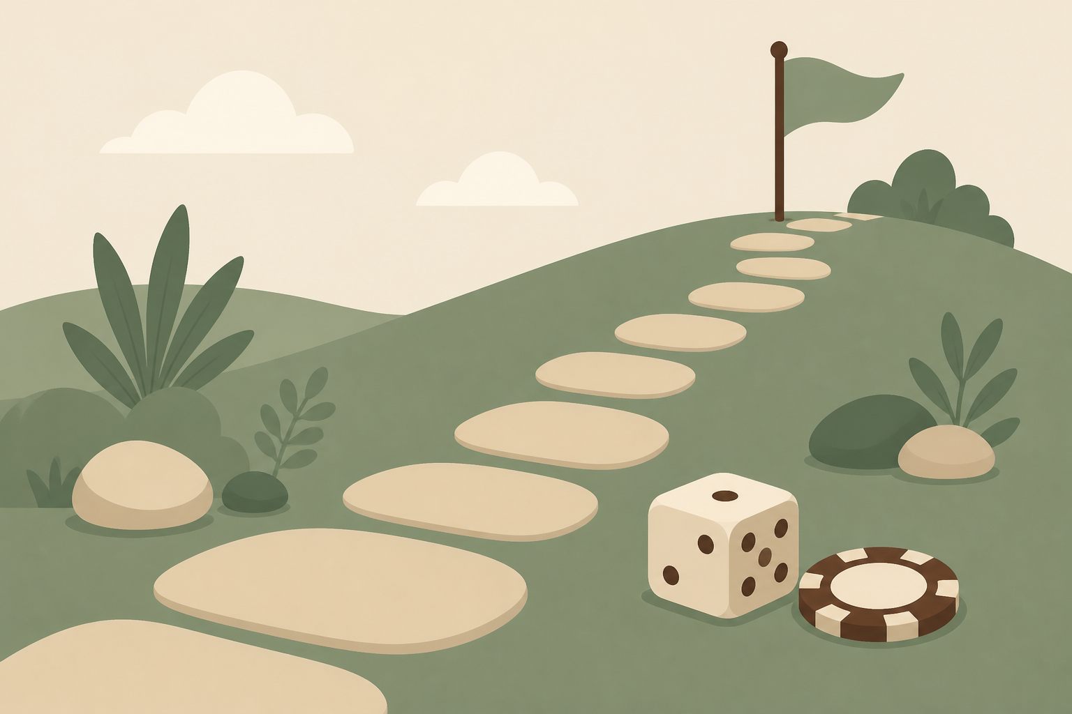 Illustration of a stepping-stone path leading to a small flag, with a die and a casino chip beside it