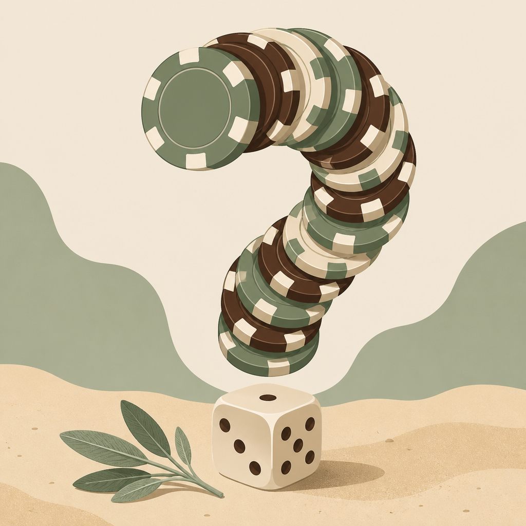 Illustration of a large question mark built from stacked casino chips, with a die as its dot