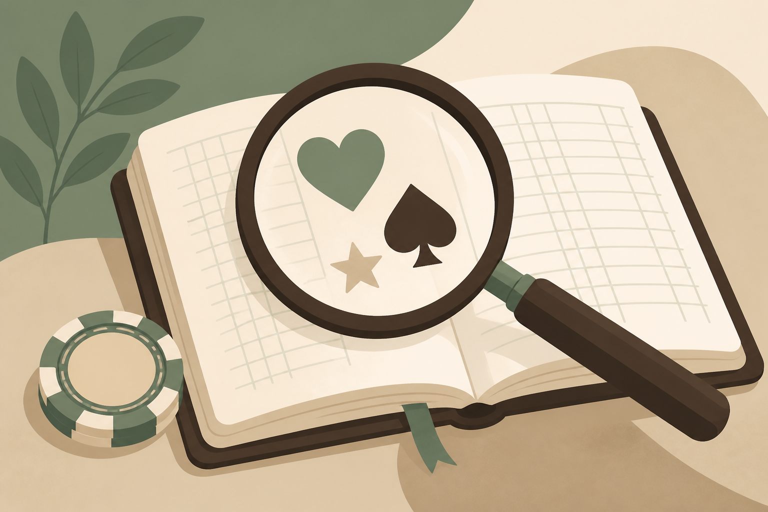 Illustration of a magnifying glass held over an open ledger notebook, revealing card suit symbols on the page